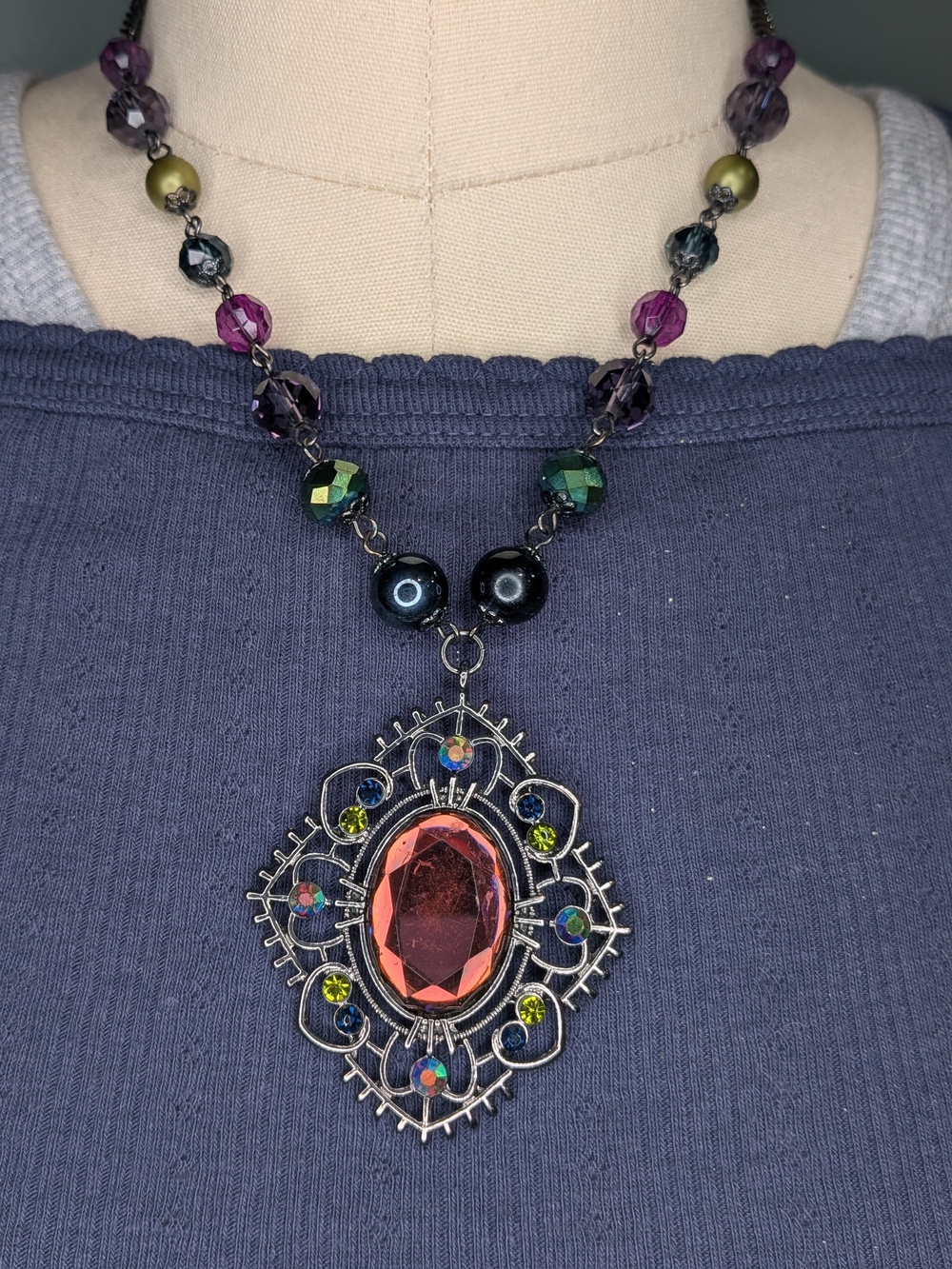 Gothic Peacock AB Bead Oval Filigree Pendant Necklace Gunmetal Chain